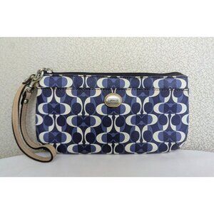 Coach Peyton Signature Dream C Go-Go Wristlet Wallet Silver Navy Blue White Tan
